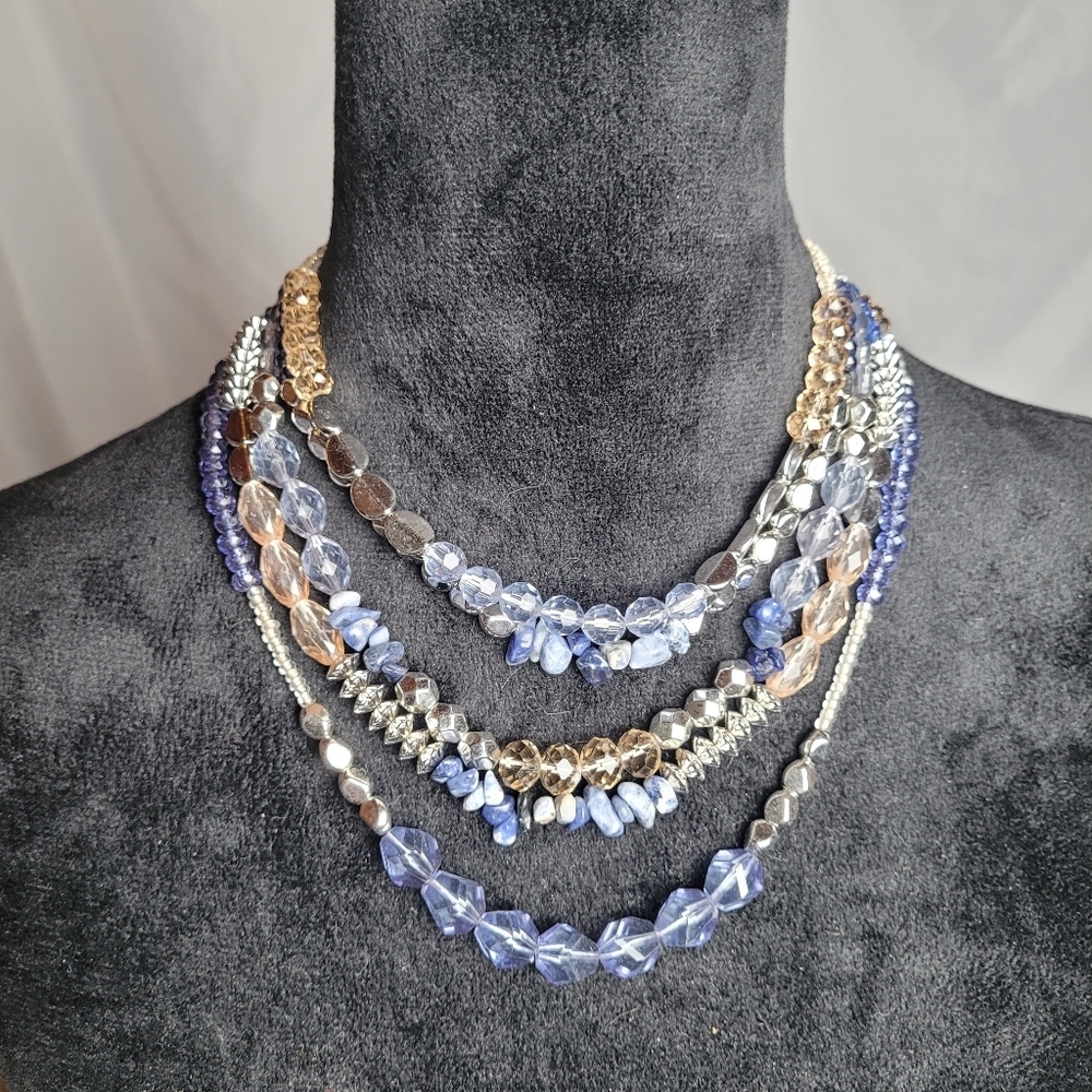 Premier Designs Multilayered W/Blue Rhodium Plated Lapis Glass Necklace